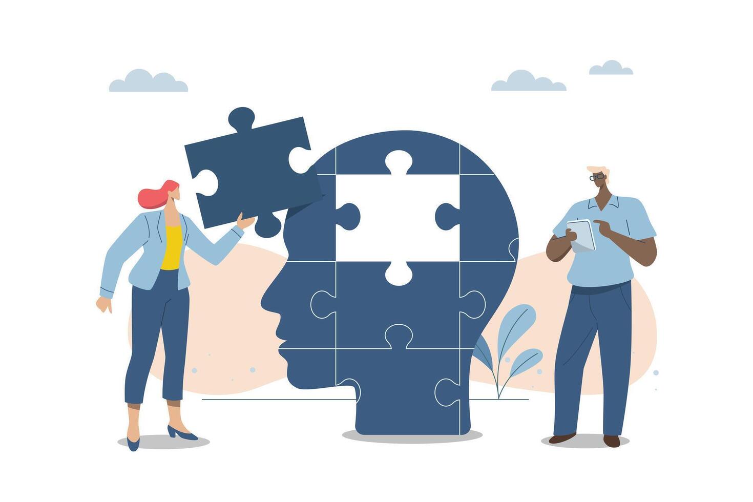 brainstorming van een team of personeel, bedrijf mensen werken samen naar compleet een decoupeerzaag puzzel, combineren naar creëren mooi zo ideeën, verbinding of coördinatie van bedrijf medewerkers, ontwerp. vector