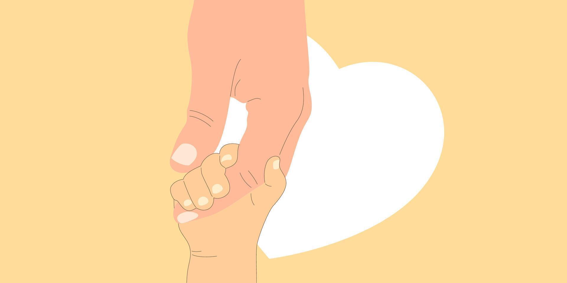 een hand- Holding een kind hand- in voorkant van een hart vector