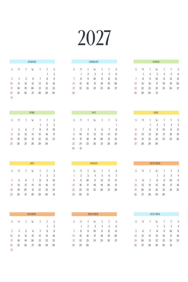 Kalendersjabloon voor 2027 in klassieke strikte stijl met veelkleurige elementen. maandelijkse kalender individueel schema minimalisme ingetogen ontwerp voor zakelijke notebook. week begint op zondag vector