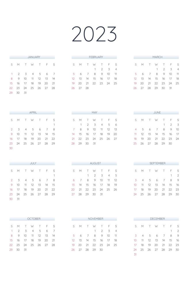 2023 kalendersjabloon in klassieke strikte stijl. maandelijkse kalender individueel schema minimalisme ingetogen ontwerp voor zakelijke notebook. week begint op zondag vector