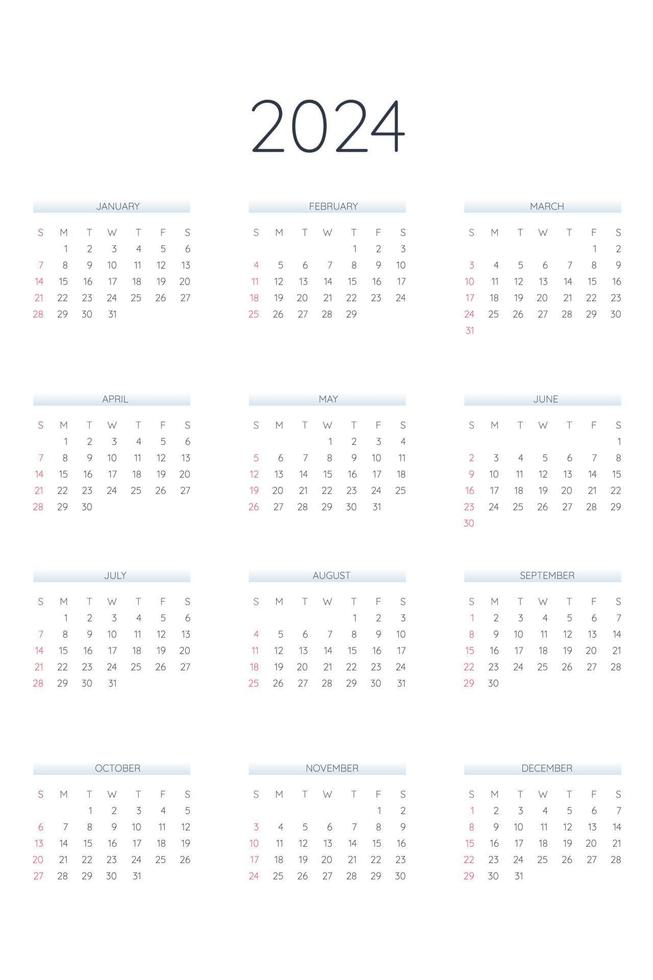 2024 kalendersjabloon in klassieke strikte stijl. maandelijkse kalender individueel schema minimalisme ingetogen ontwerp voor zakelijke notebook. week begint op zondag vector
