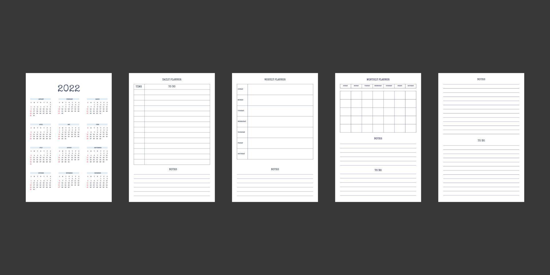 2022 kalender en dagelijkse wekelijkse maandelijkse persoonlijke planner dagboeksjabloon. maandelijkse kalender individueel schema minimalisme ingetogen ontwerp voor zakelijke notebook. week begint op zondag vector