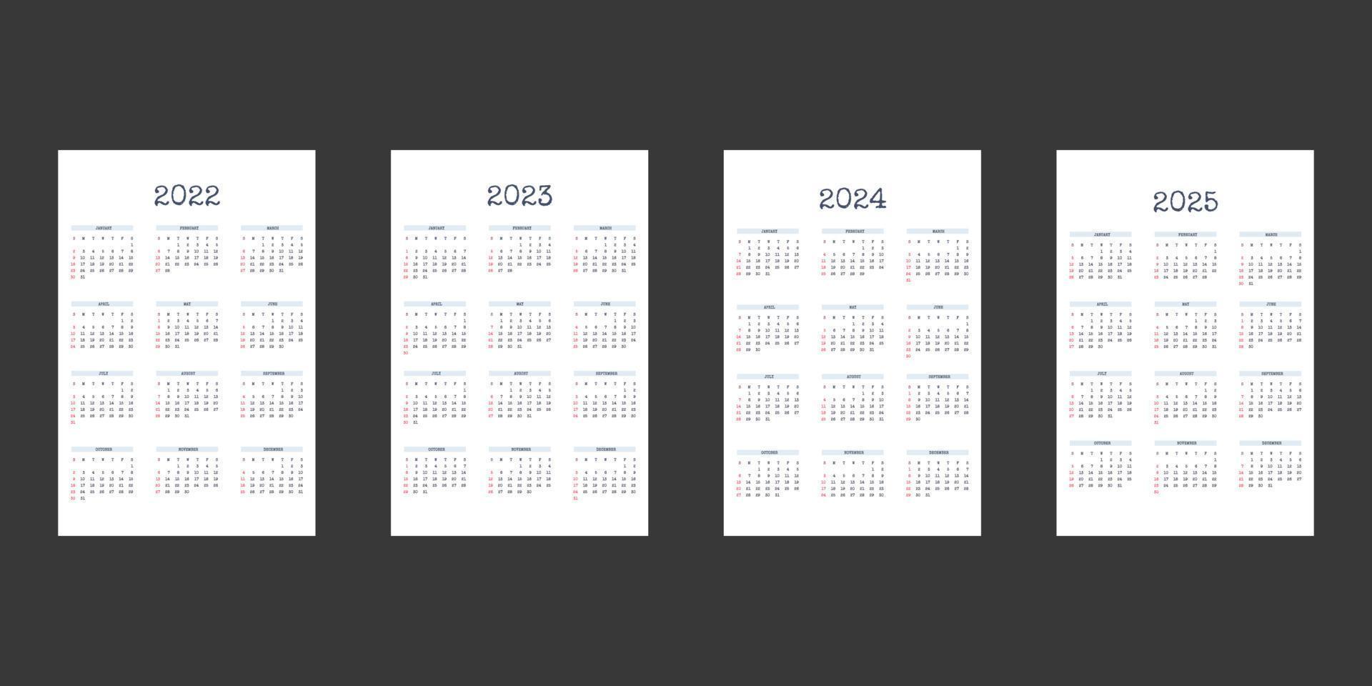 2022 2023 2024 2025 kalendersjabloon in klassieke strikte stijl met lettertype. maandelijkse kalender individueel schema minimalisme ingetogen ontwerp voor zakelijke notebook. week begint op zondag vector