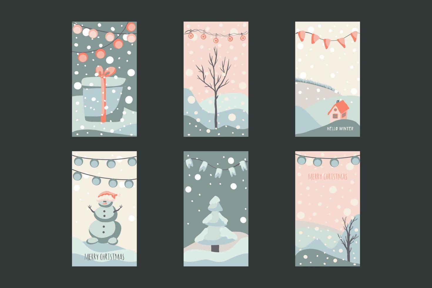 kerstwenskaart schattige handgetekende stijl en trendy bijpassende pastelkleuren. kerstboom en sneeuwpop met geschenkdoos op sneeuwjacht met guirlande en sneeuwvlokken vector