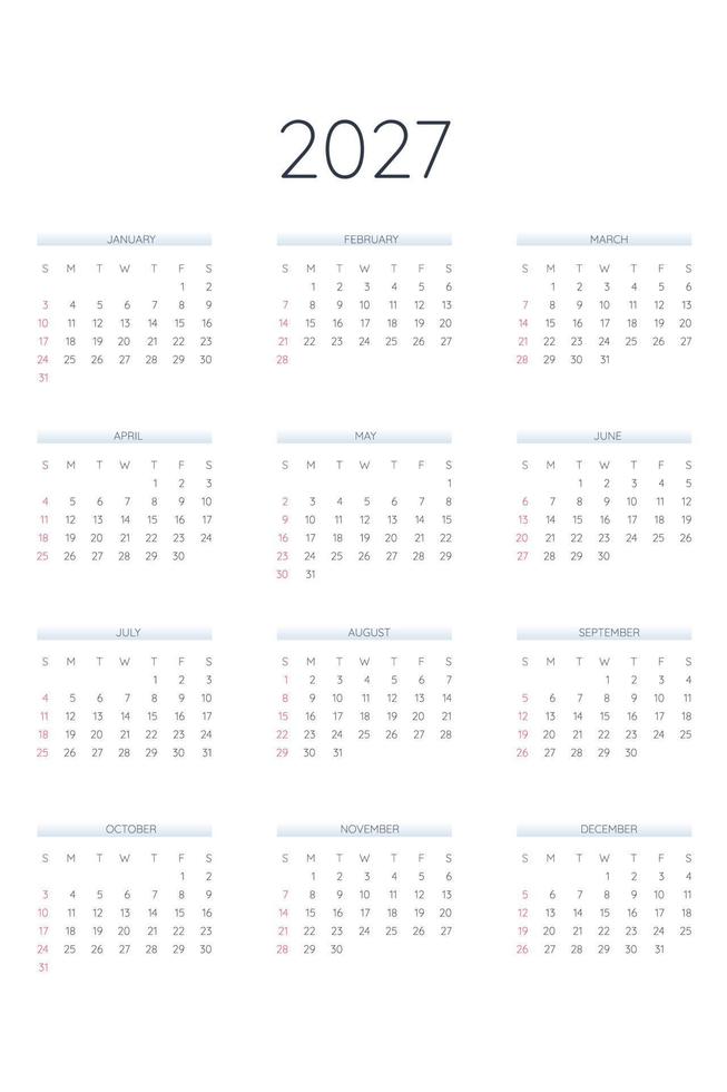 2027 kalendersjabloon in klassieke strikte stijl. maandelijkse kalender individueel schema minimalisme ingetogen ontwerp voor zakelijke notebook. week begint op zondag vector