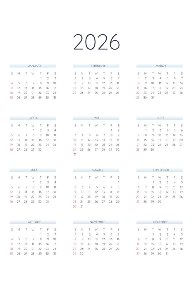 2026 kalendersjabloon in klassieke strikte stijl. maandelijkse kalender individueel schema minimalisme ingetogen ontwerp voor zakelijke notebook. week begint op zondag vector