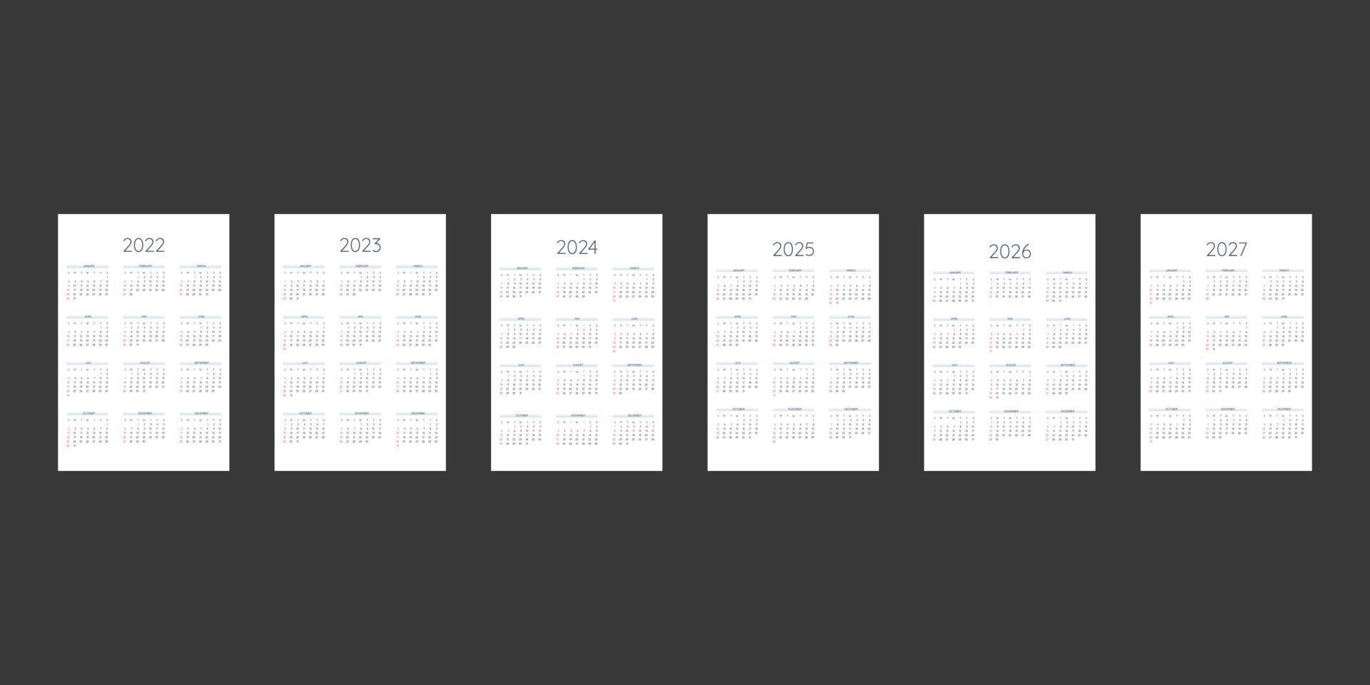 2022 2023 2024 2025 2026 2027 kalendersjabloon in klassieke strikte stijl. maandelijkse kalender individueel schema minimalisme ingetogen ontwerp voor zakelijke notebook. week begint op zondag vector