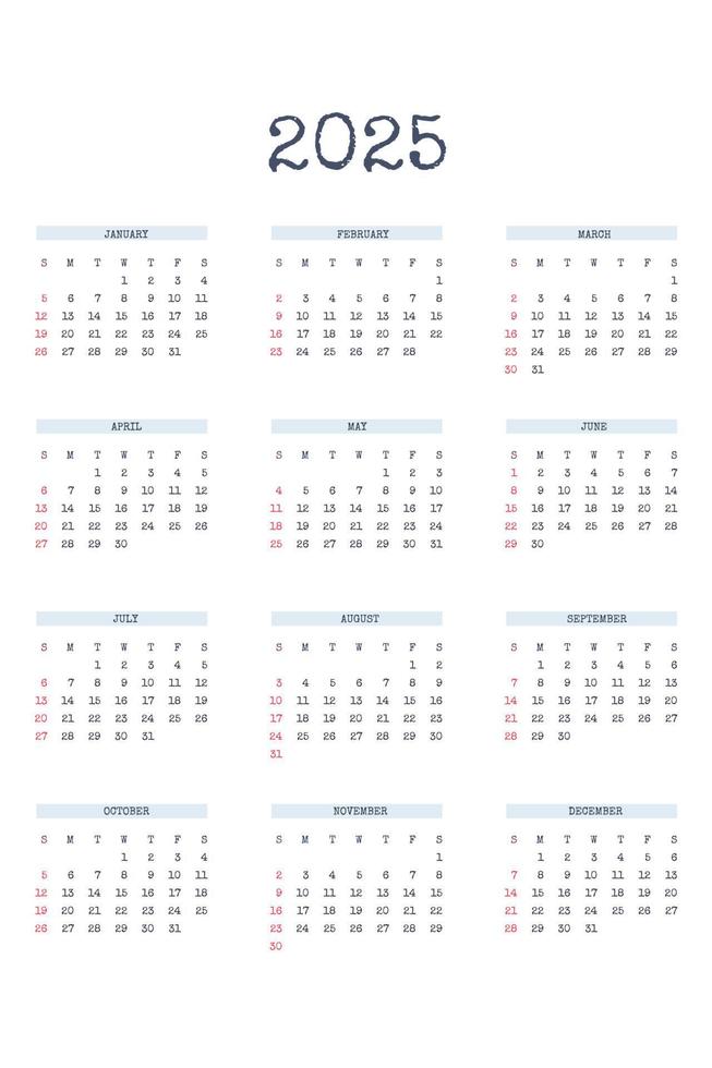 Kalendersjabloon voor 2025 in klassieke strikte stijl met lettertype. maandelijkse kalender individueel schema minimalisme ingetogen ontwerp voor zakelijke notebook. week begint op zondag vector