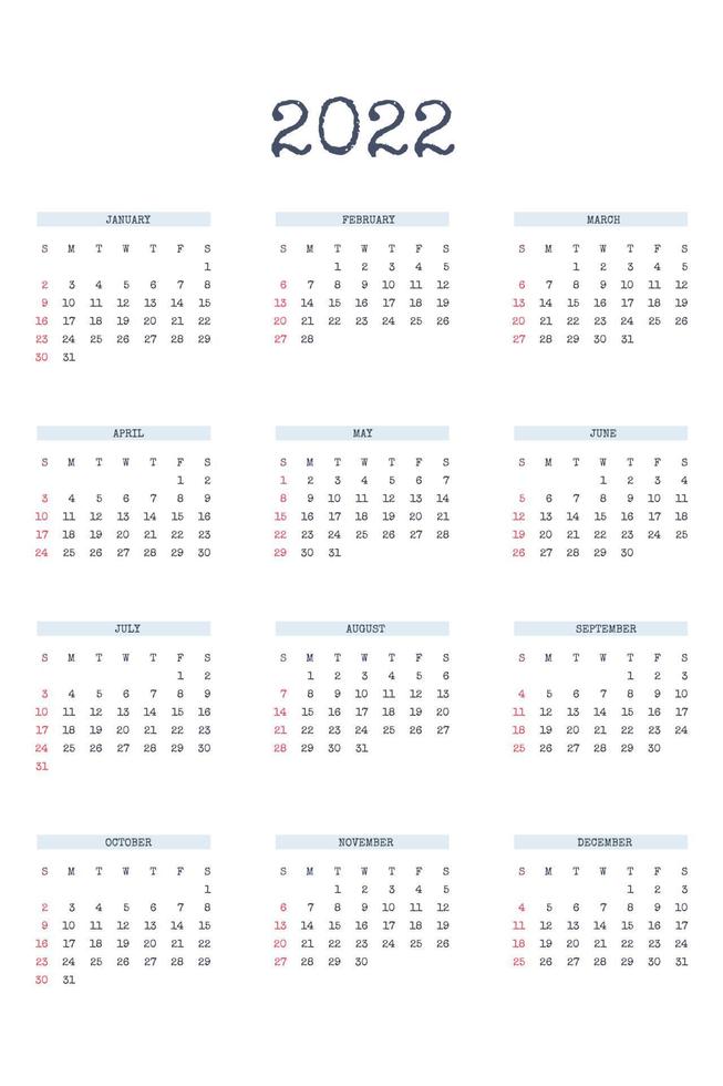 Kalendersjabloon voor 2022 in klassieke strikte stijl met lettertype. maandelijkse kalender individueel schema minimalisme ingetogen ontwerp voor zakelijke notebook. week begint op zondag vector