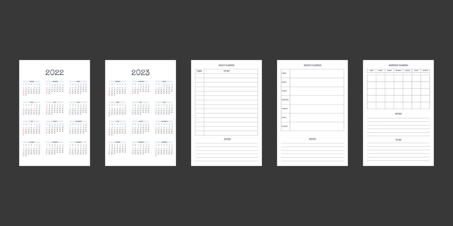 2022 2023 kalender dagelijks wekelijks maandelijks planner dagboeksjabloon in klassieke strikte stijl. maandelijkse kalender individueel schema minimalisme ingetogen ontwerp voor zakelijke notebook. week begint op zondag vector