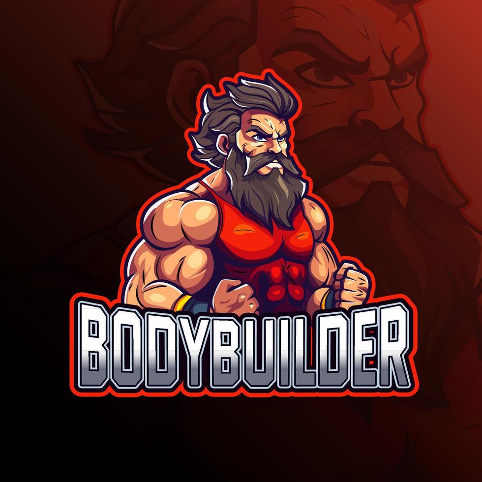 bodybuilder Sportschool mascotte logo ontwerp voor insigne, embleem, esport en t-shirt het drukken vector