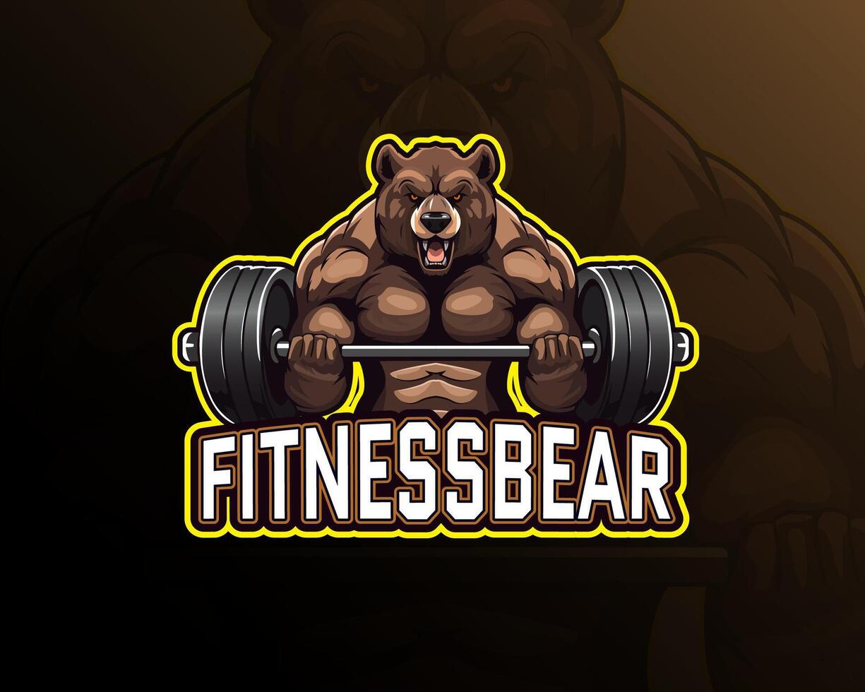 geschiktheid beer draag- barbell mascotte logo ontwerp voor insigne, embleem, esport en t-shirt het drukken vector