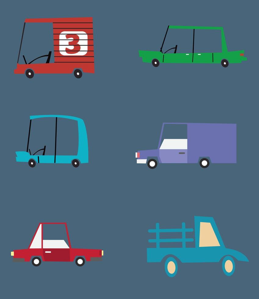 schattig verzameling van kleurrijk tekenfilm auto's geïsoleerd Aan blauw achtergrond. pictogrammen in hand- getrokken stijl voor ontwerp van kinderen kamers, kleding, textiel. vector