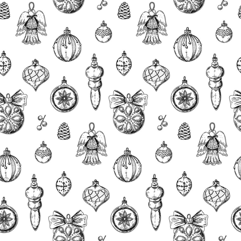 Kerstmis naadloos patroon met hand getrokken kerstboomspeelgoed. vectorillustratie in schetsstijl vector