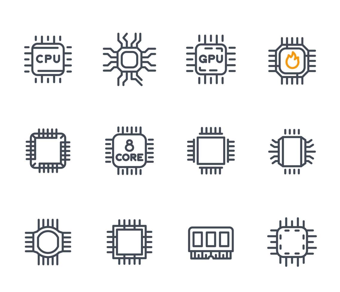 chipset, cpu-lijnpictogrammen, microchip, 8-coreprocessor, microschakeling vector