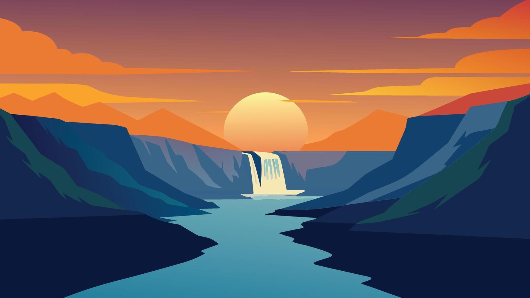 zonsopkomst tafereel Aan de zelfzucht waterval in jokulsargljufur nationaal park, IJsland, Europa. vlak illustratie natuur achtergrond. vector