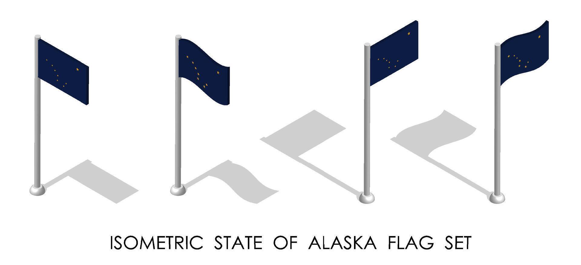 isometrische vlag van Amerikaans staat van Alaska in statisch positie en in beweging Aan vlaggenmast. 3d vector