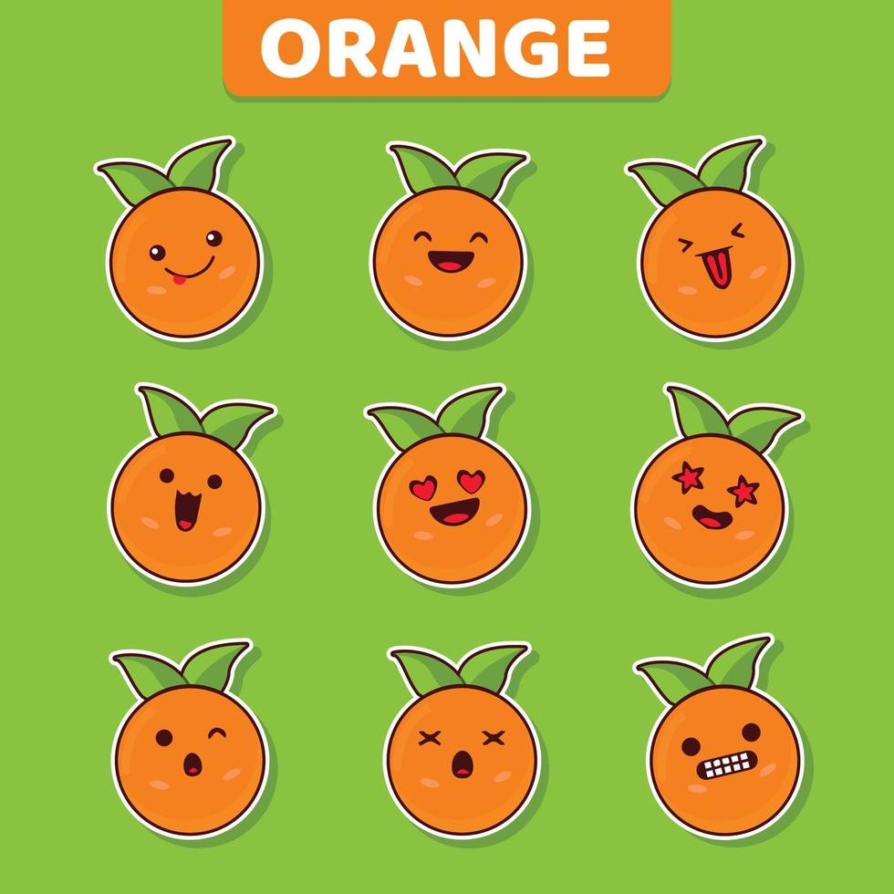 set van leuke en grappige oranje fruitkarakters sticker vectorillustratie vector