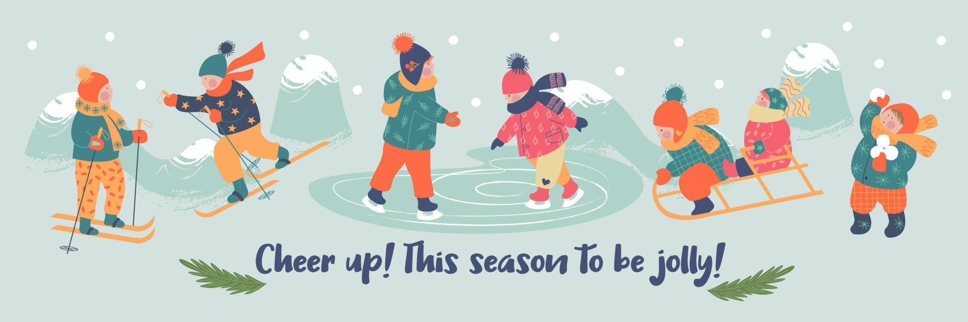 winterseizoen achtergrond kinderen tekens. platte vectorillustratie. winterse buitenactiviteiten. kinderen hebben plezier. vector