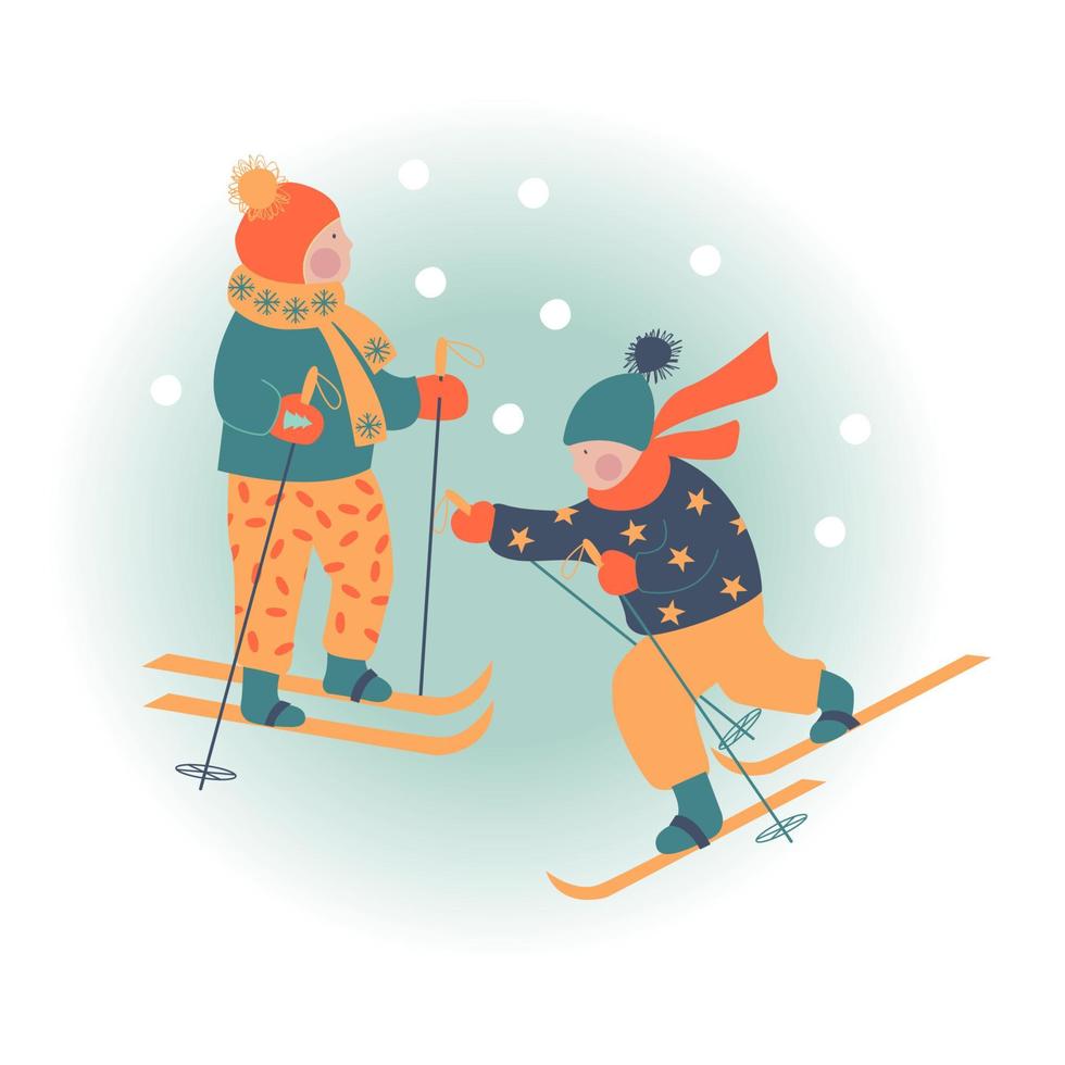 winterseizoen achtergrond kinderen tekens. platte vectorillustratie. winterse buitenactiviteiten. kinderen hebben plezier. vector