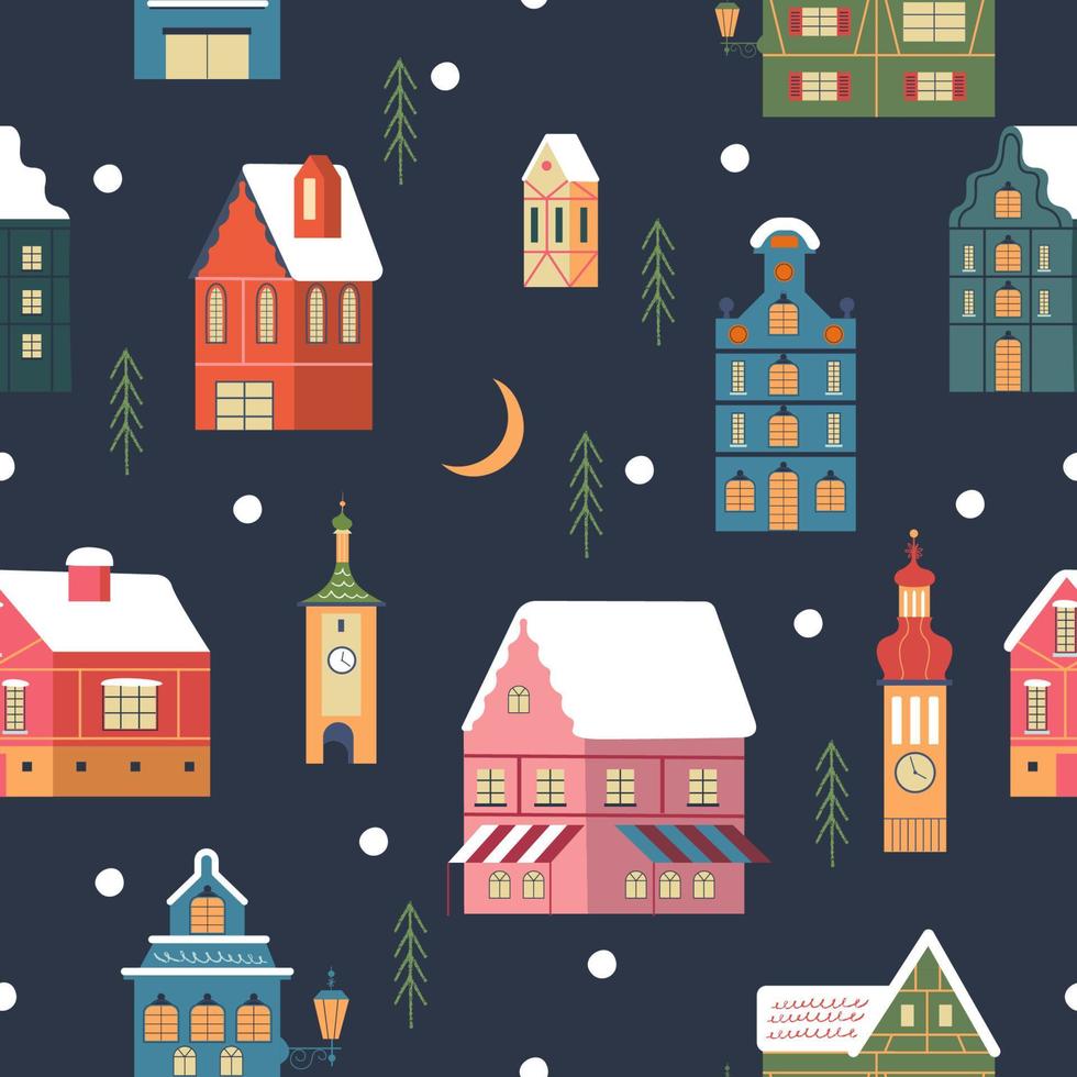 naadloos patroon. besneeuwde nacht in gezellige kerststad. winter kerst dorp dag landschap. vectorillustratie. vector