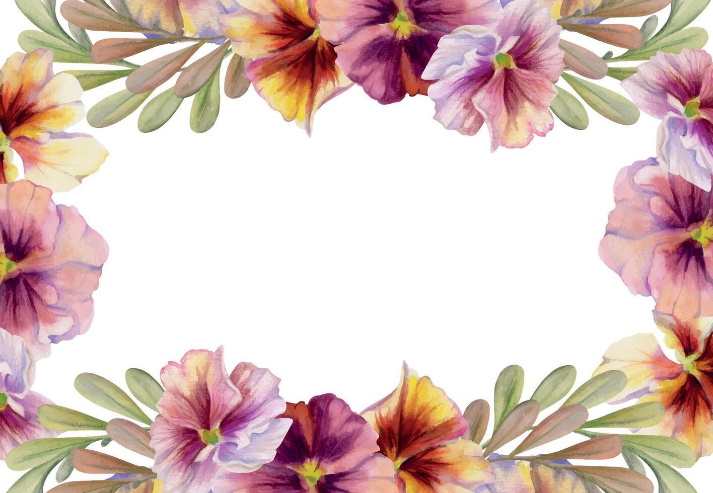 hand- getrokken waterverf illustratie botanisch Victoriaans bloemen bladeren. roze mauve viooltje altviool, groen sprinkhaan indigo Afdeling. hoek kader geïsoleerd Aan wit achtergrond. ontwerp bruiloft suite, liefde kaarten vector