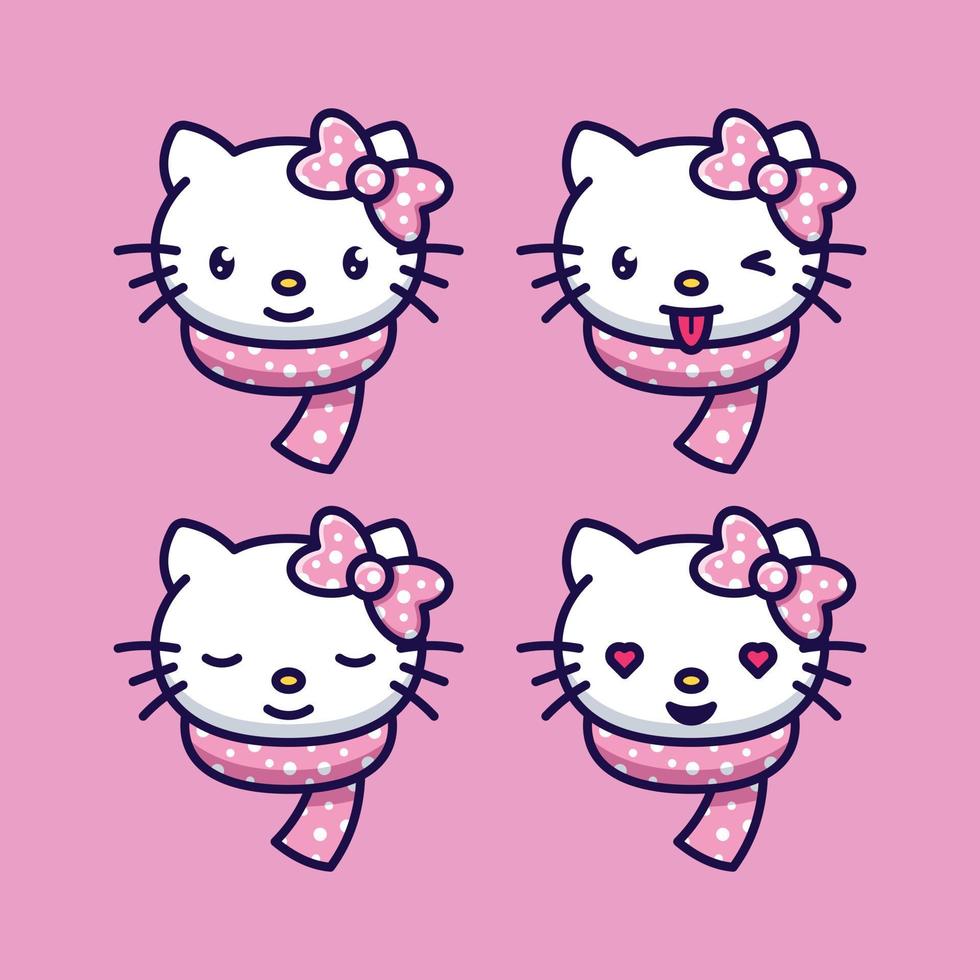 schattige kat hoofd pictogram cartoon afbeelding instellen met verschillende gezichtsuitdrukkingen en het dragen van een ketting vector