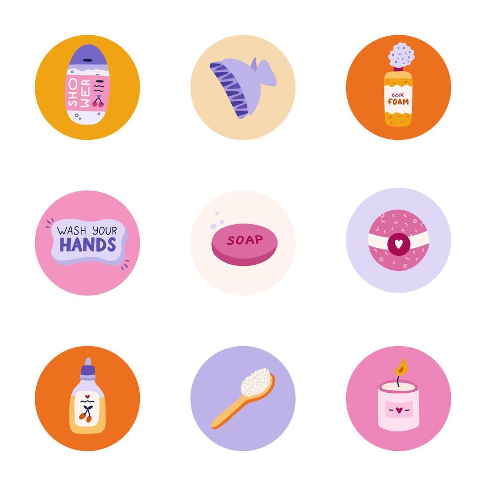 schattig en grappig ronde highlights voor sociaal media, blogs, bedrijf, branding met spa, hygiëne en baden illustraties. Hoes pictogrammen voor verhalen met kunstmatig producten, het wassen items clip art. vector