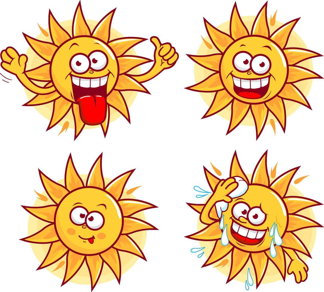 zomer gelukkig tekenfilm heet weer zon. een tekenfilm grappig zomer zonneschijn zon set. vector