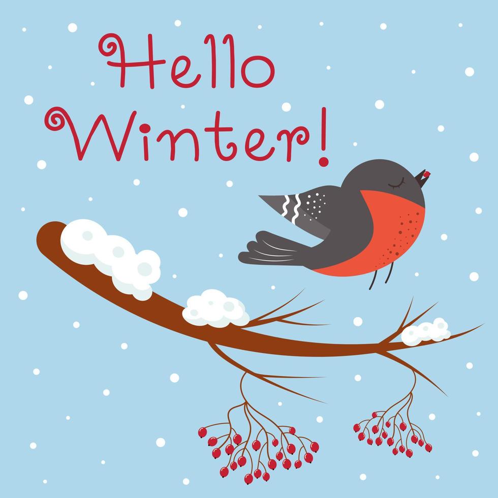 hallo winter wenskaart met goudvink en rowan tak. vector