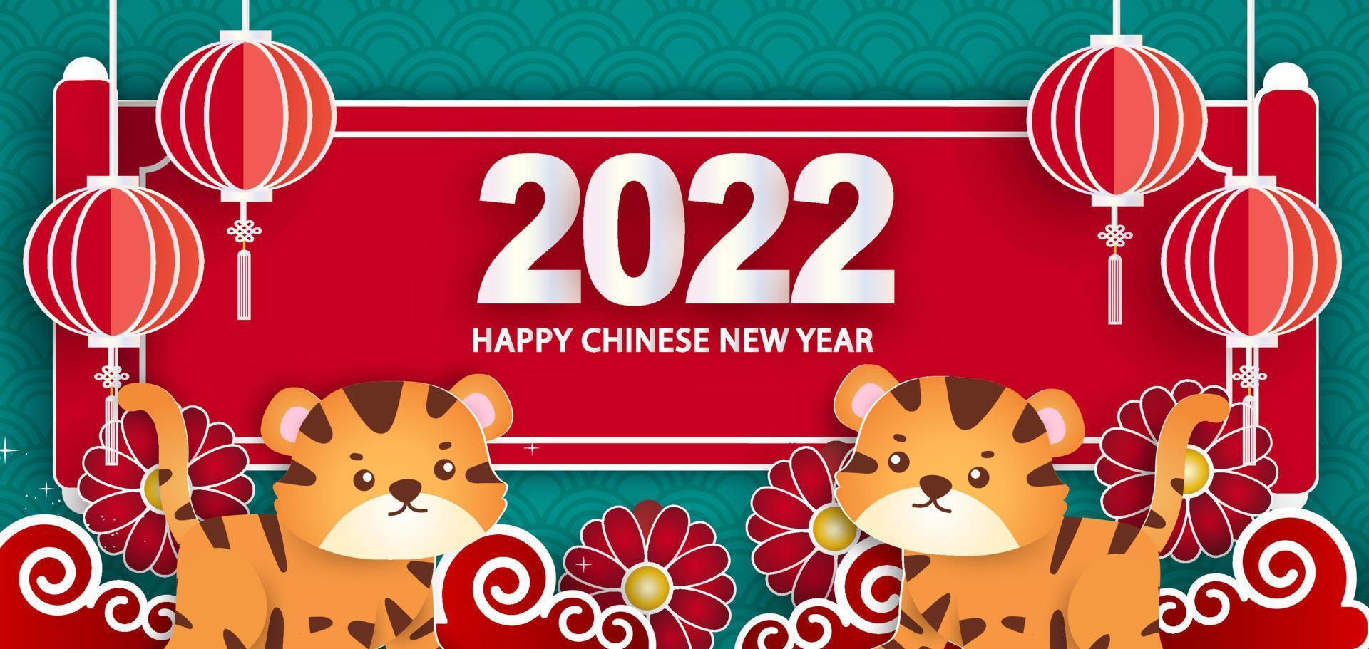 chinees nieuwjaar 2022 jaar van de tijgerbanner in papier gesneden stijl vector