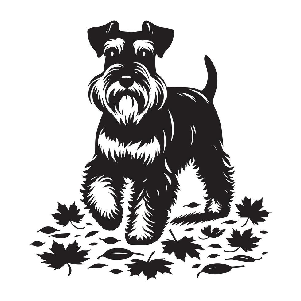 miniatuur schnauzer wandelen over- de bladeren illustratie in zwart en wit vector