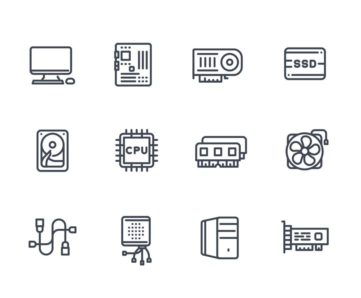 computer componenten pictogrammen op wit, processor, moederbord, ram, videokaart, hdd, ssd, fan vector