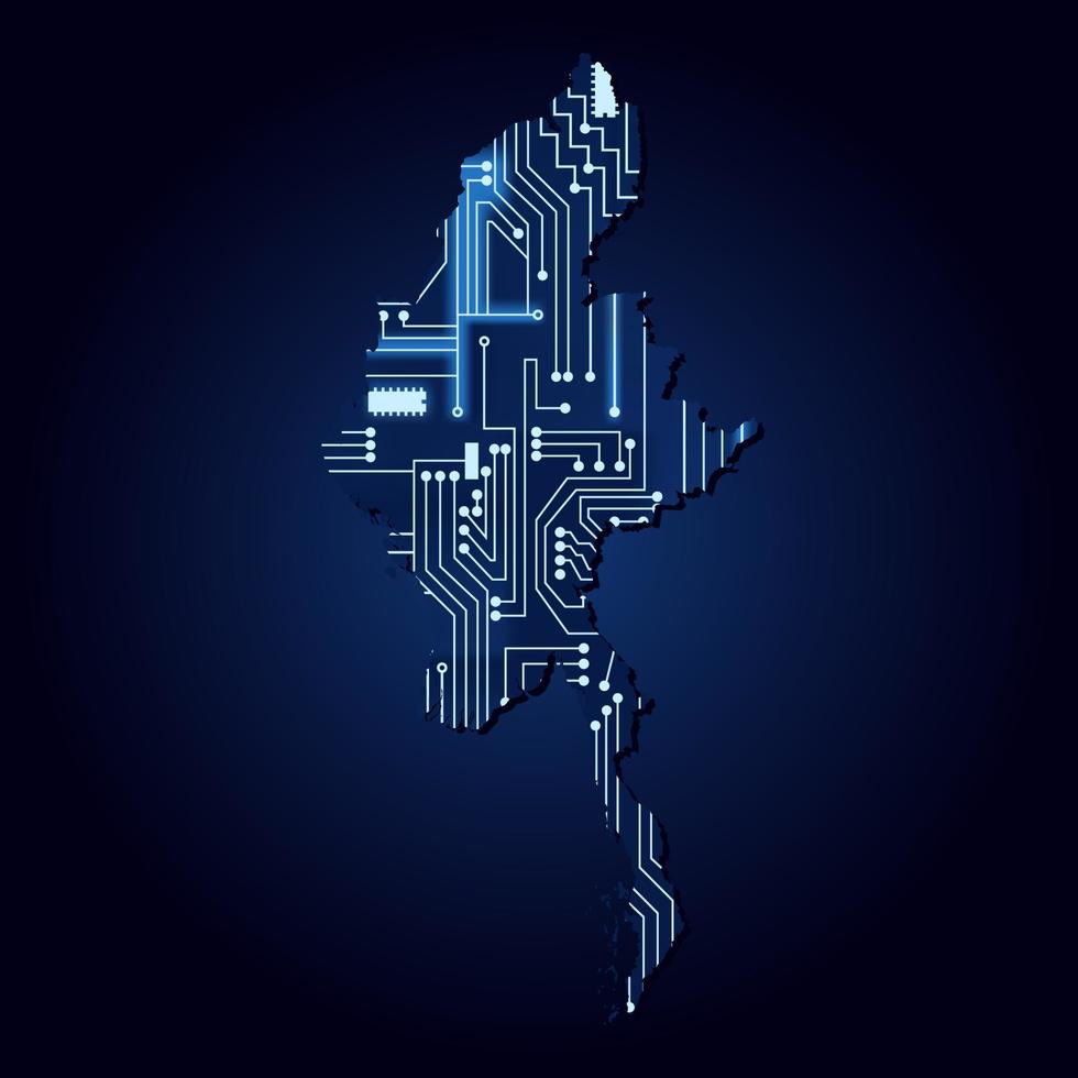 contourkaart van myanmar met een technologisch elektronisch circuit. vector