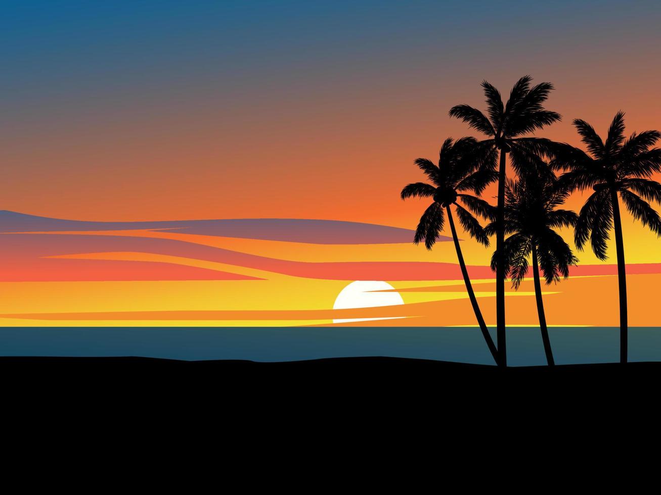 uitzicht op strand bij zonsondergang met palmbomen in silhouet vector