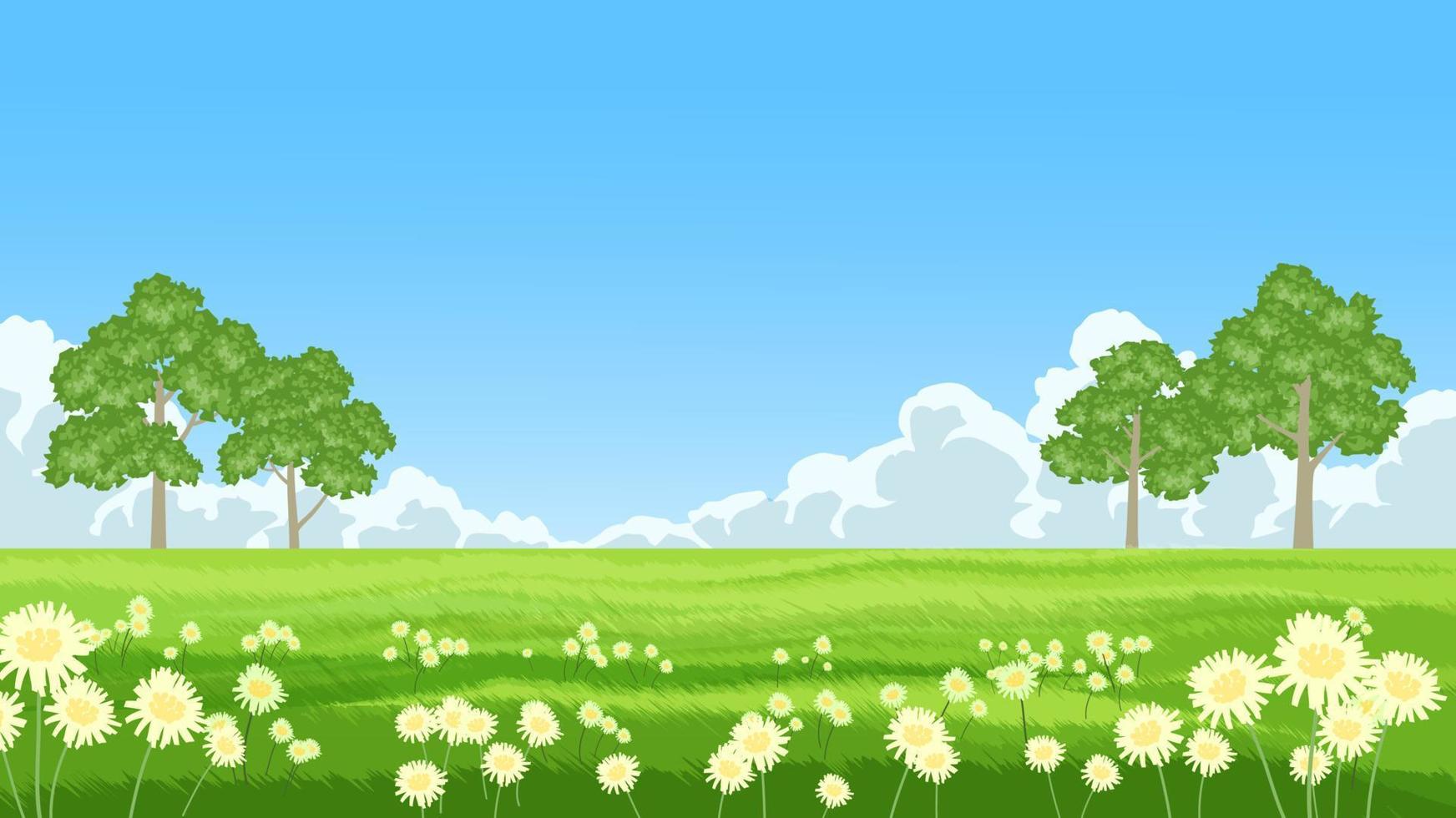 weide, bloemen en bomen op een zonnige dag met wolken vector