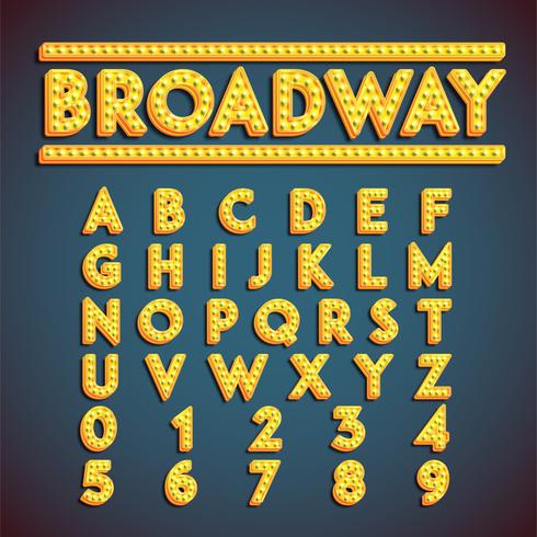 &#39;Broadway&#39; fontset met lampen, vectorillustratie vector