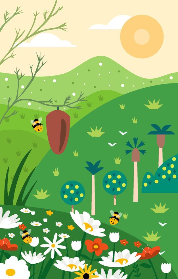 bloemen en bijen op de heuvelachtergrond vector