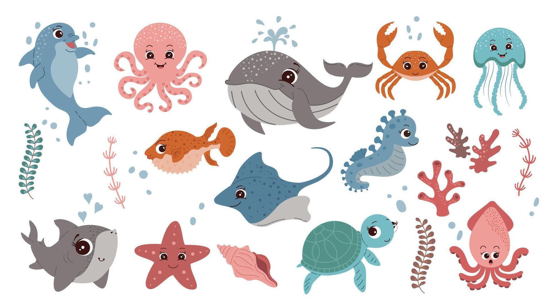 reeks met hand- getrokken zee dieren exotisch tekenfilm onderwater- schattig schepsels voor uw ontwerp zee leven geïsoleerd achtergronden vector