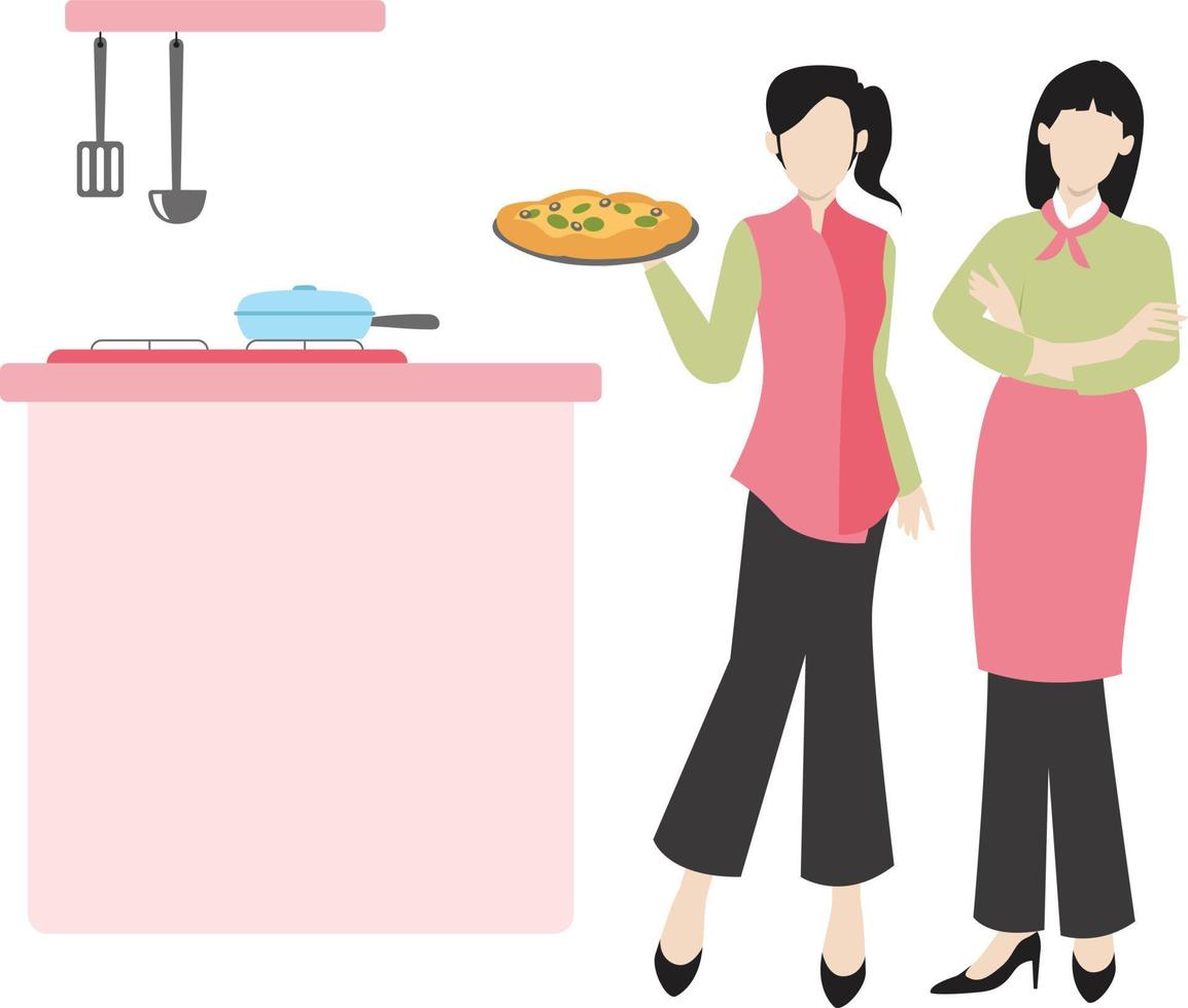twee vrouwtjes met een pizza in de keuken. vector