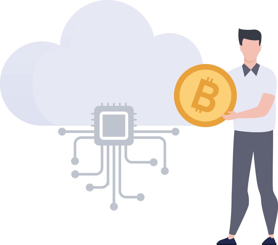 een jongen met een bitcoin die in de buurt van een cloud computing-netwerk staat. vector