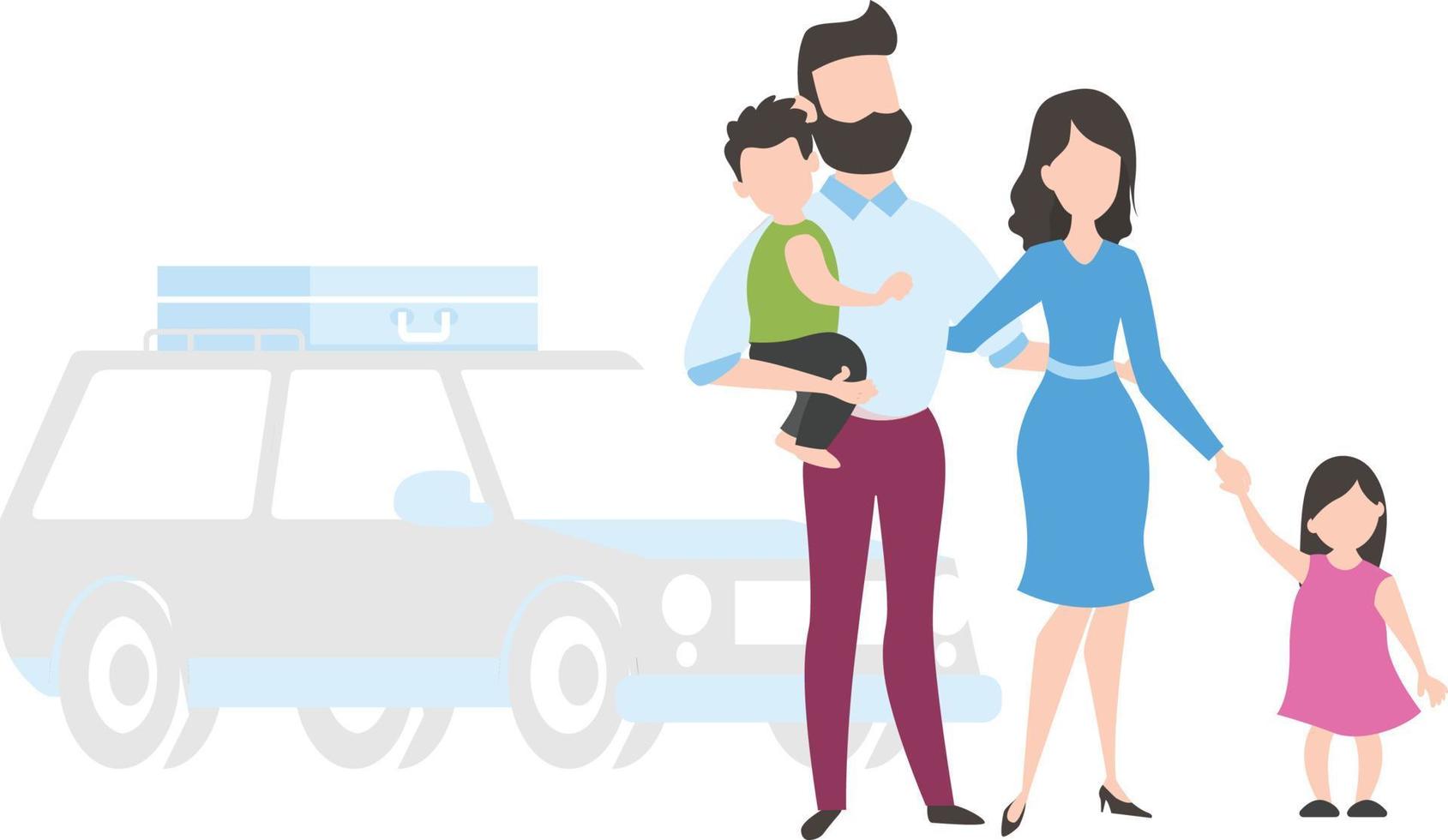 de familie gaat picknicken. hun bagage is op taxi of auto. auto staat achter hen. vector