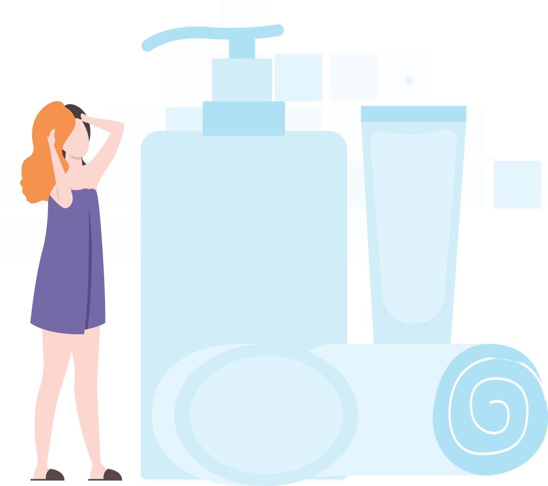 een meisje dat een douche neemt. Er zijn shampoofles en enkele andere schoonheidsproducten bij haar in de buurt. vector