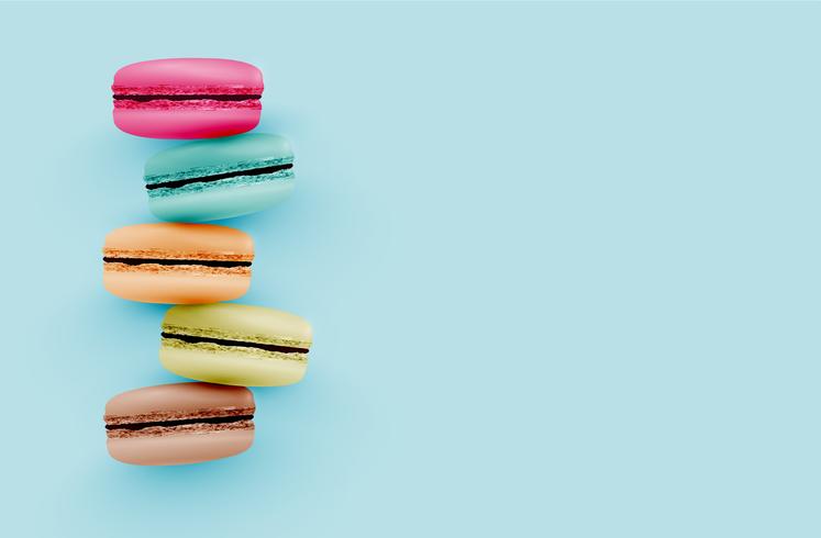 Hoog gedetailleerde kleurrijke macarons op blauwe achtergrond, vectorillustratie vector