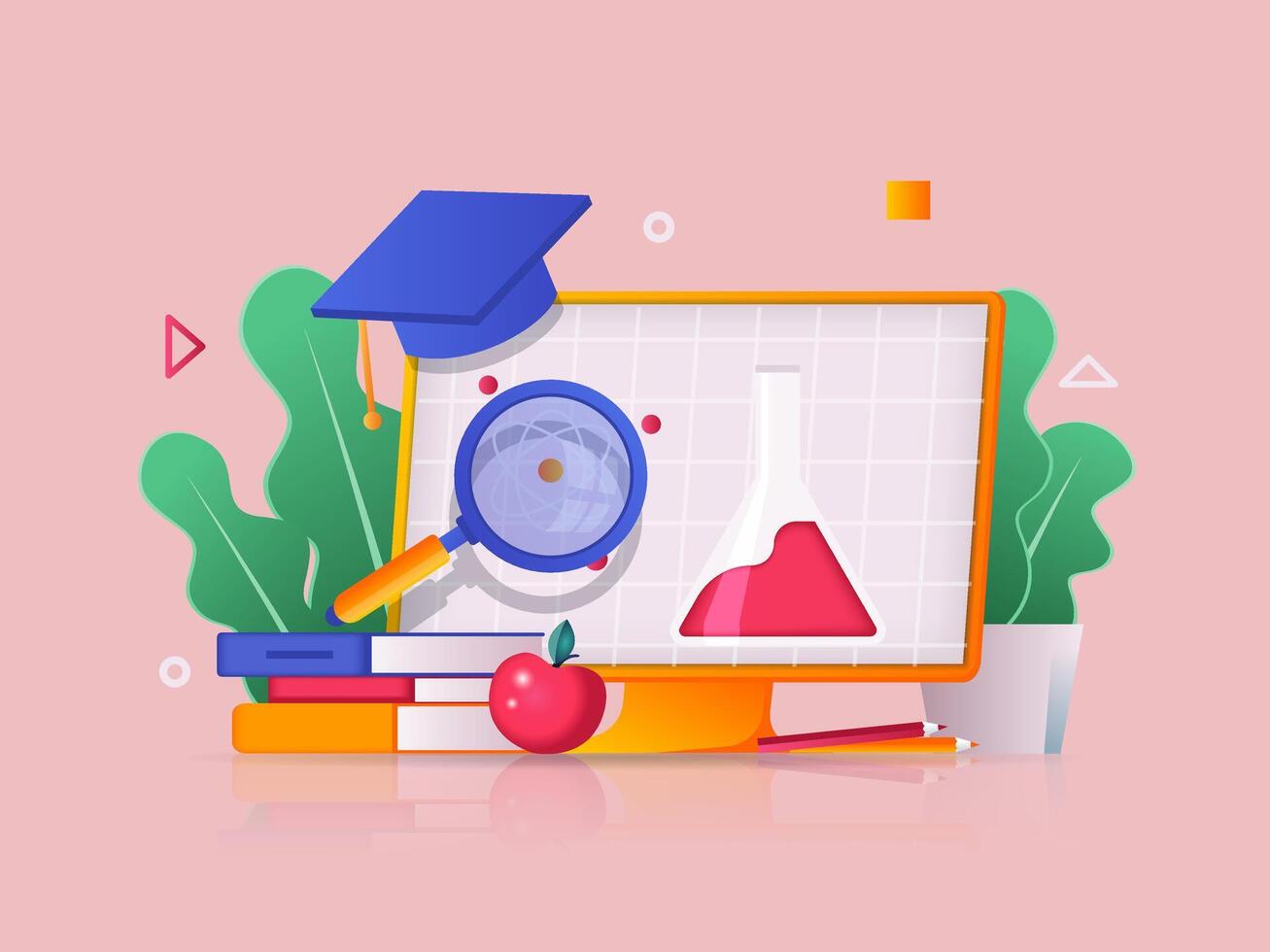 online onderwijs concept 3d illustratie. icoon samenstelling met aan het kijken lezingen Aan computer scherm, lezing boeken, voltooien leerzaam cursussen. illustratie voor modern web ontwerp vector