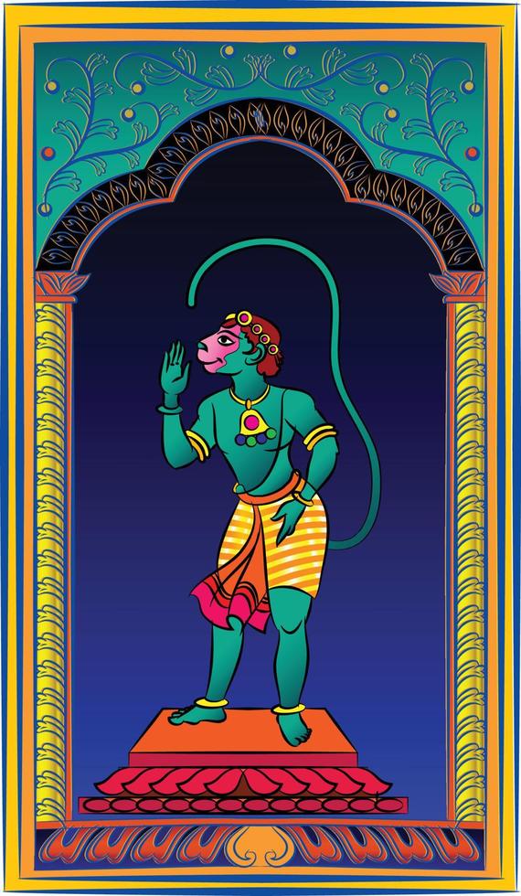 aapgezicht god van de macht, heer hanuman en zijn dienaren of sevak zoals ze worden genoemd. in Indiase volkskunst pinguli-stijl. voor textieldruk, logo, behang vector