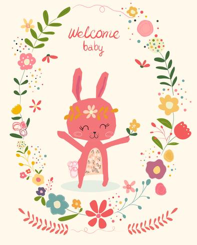 Doodle schattig roze konijn in bloem krans frame babydouche kaart vector