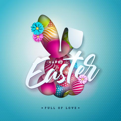 Vector illustratie van Happy Easter Holiday met beschilderde eieren en lente bloem op glanzende blauwe achtergrond.