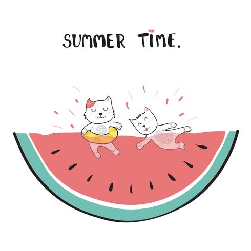 katten zwemmen in watermeloen doodle hand tekenen vector