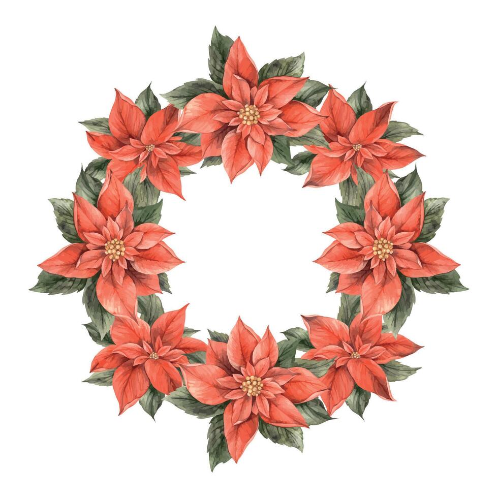 kerstster, Kerstmis rood bloem met groen bladeren. waterverf botanisch krans in Kerstmis stijl. bloemen en fabriek tendens. tekening voor Kerstmis en nieuw jaar vakantie, uitnodigingen, kaarten, spandoeken. vector